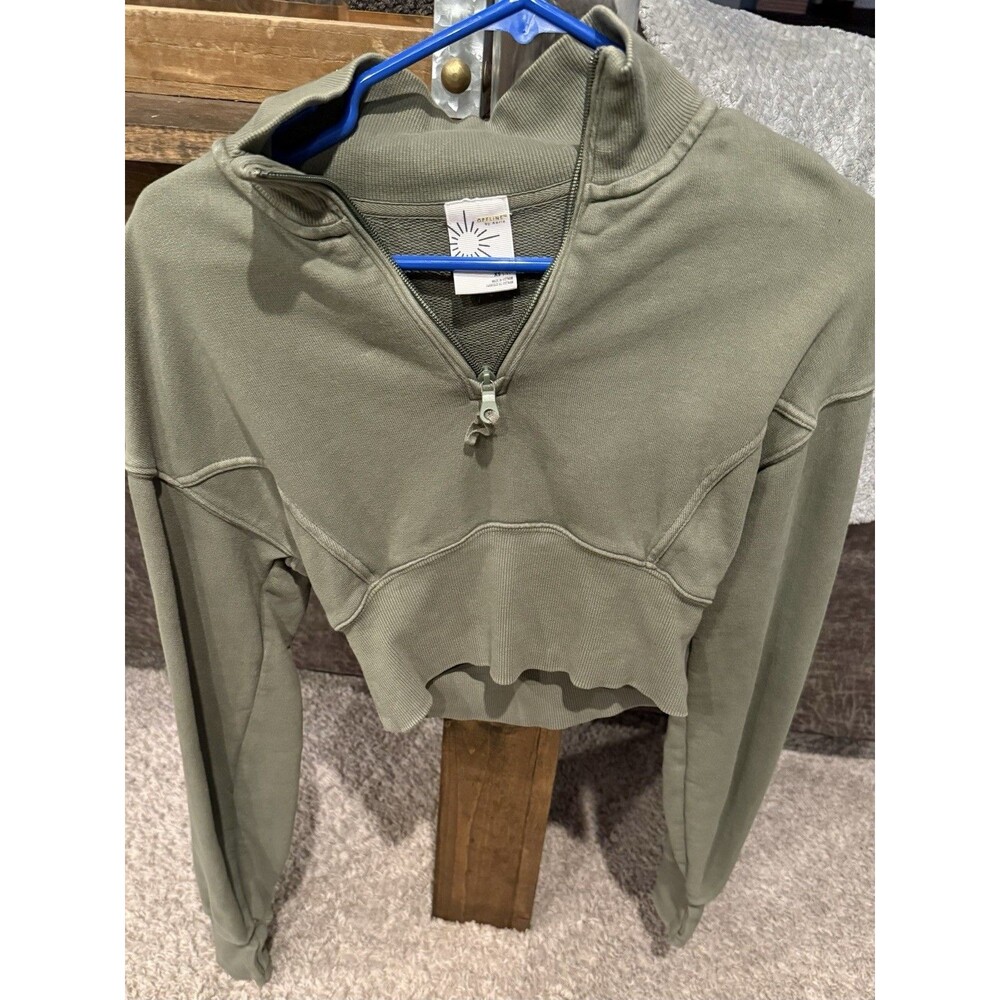 Offline By Aerie Throw Back Crop Quarter Zip Faded Broken-in Green Sweater XS